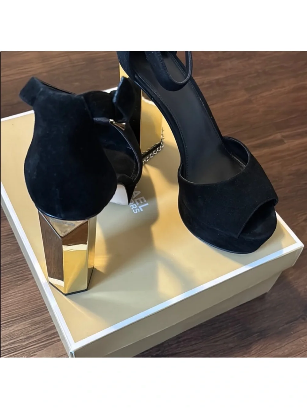 Michael Kors Black Suede Platform Sandals with Gold 3D Heel